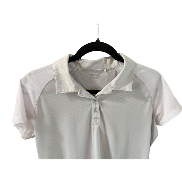 Ping Womens Size XL Gray White Blue Spellout Back Golf Tennis Polo Pullover Shir - Picture 2 of 4